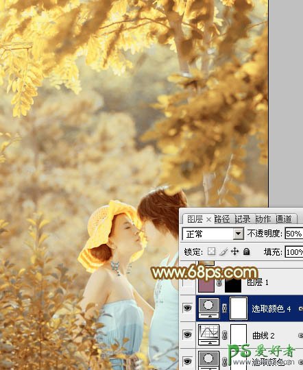 photoshop给情林里的情侣婚纱照调出甜蜜的粉黄色