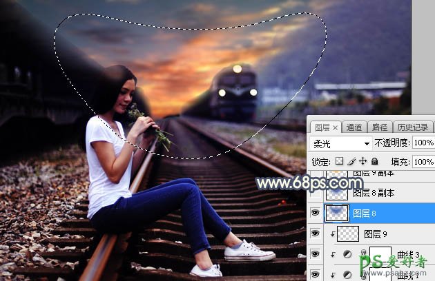 Photoshop给铁轨上外拍的可爱女生性感照片调出意境般的晨曦色