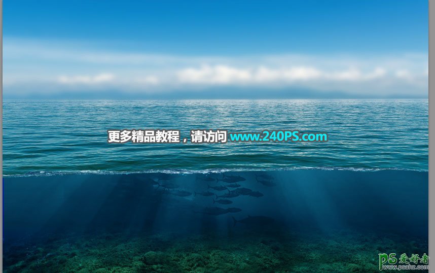 PS创意合成海面上漂浮的漂流瓶，漂流瓶中展示着漂亮的海岛景观。