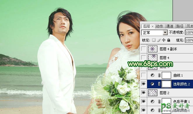 photoshop调出嫩绿色海景情侣婚纱照