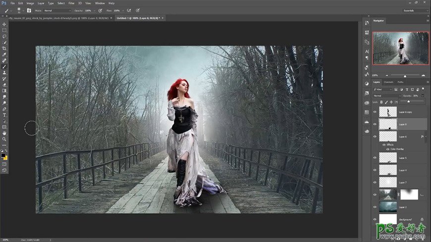 photoshop合成魔幻森林中的红发美女艺术照，蝴蝶仙子美女场景。