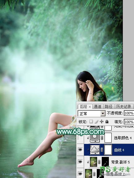 Photoshop给湖景边自拍的甜美女孩儿性感照片调出唯美的青绿色效