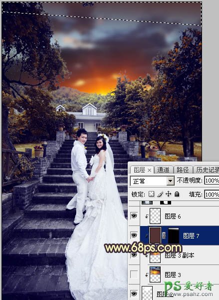 PS调色教程:给古建筑风景图片中拍摄的情侣婚纱照调出唯美的黄色