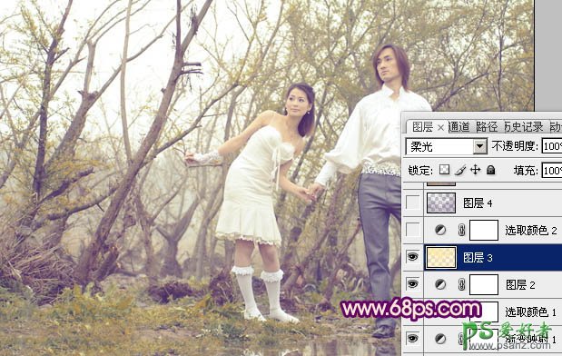 photoshop调出橙黄色效果树林情侣婚纱艺术照教程