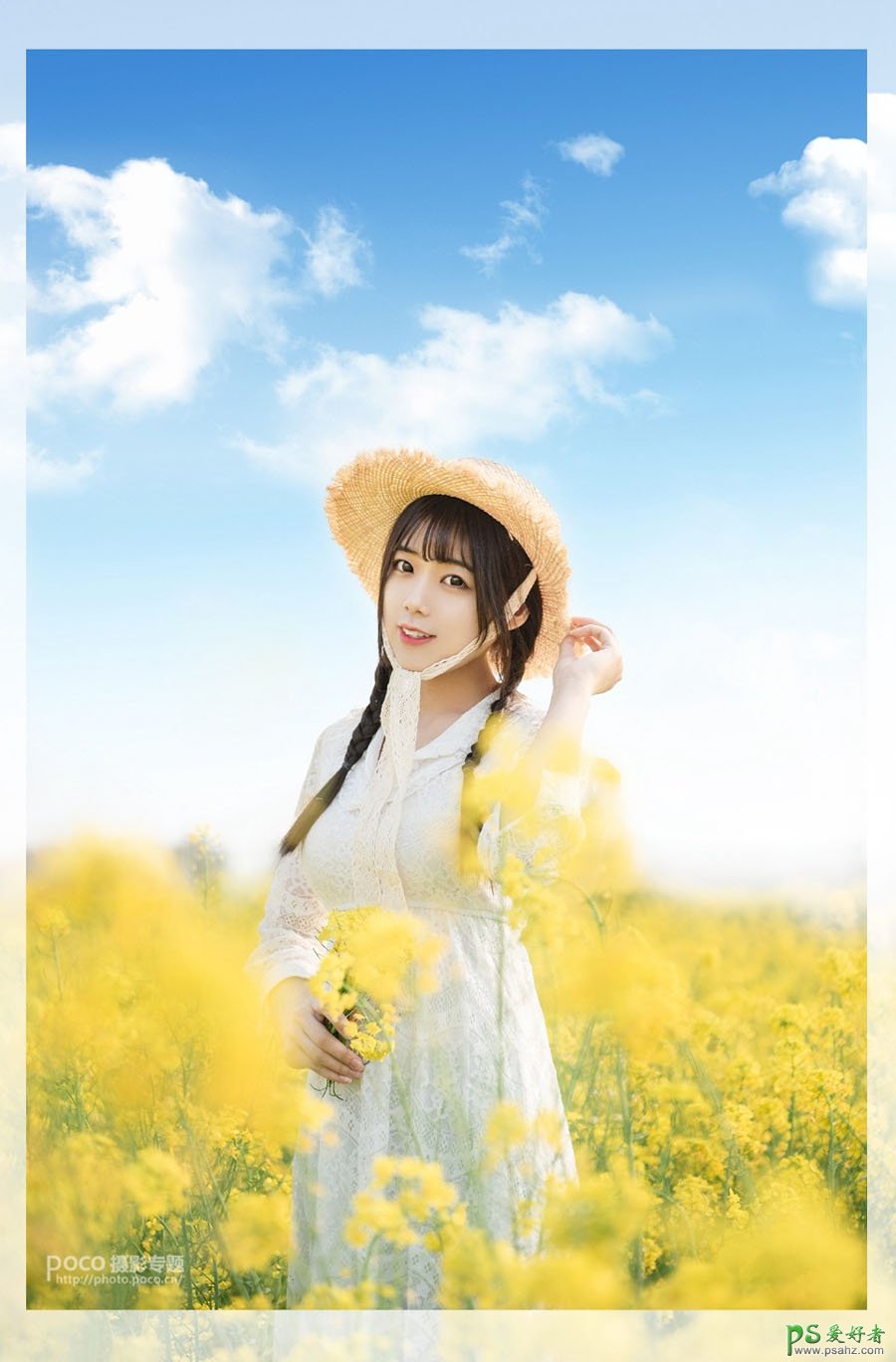 Photoshop给油菜花田里拍摄的可爱女生照片调出唯美的小清新效果