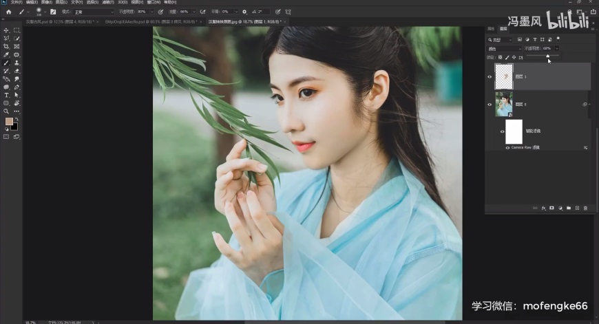 Photoshop给汉服美女写真照调出网红青绿色调，美女网红色。