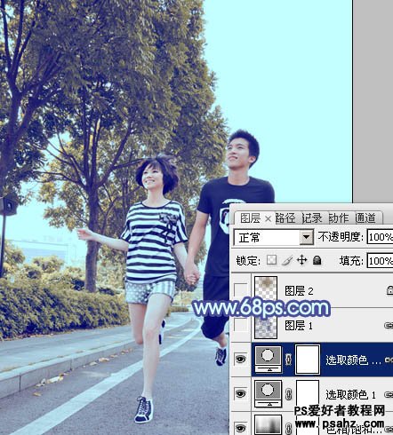 PS韩系风格调色教程：给街景上漫步的情侣图片调出韩系蓝色调