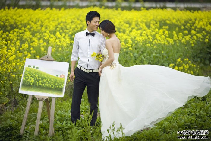 PS调色教程：给油菜花地里的美女婚片调出梦幻蓝调风格