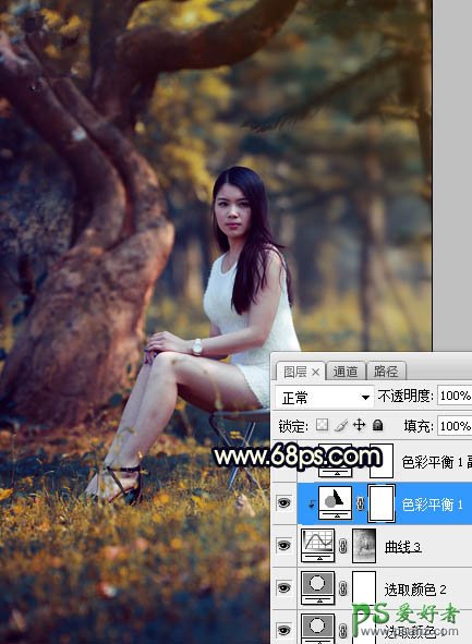 PS美女图片调色教程：给树林中的性感伊人写真照调出唯美的黄色