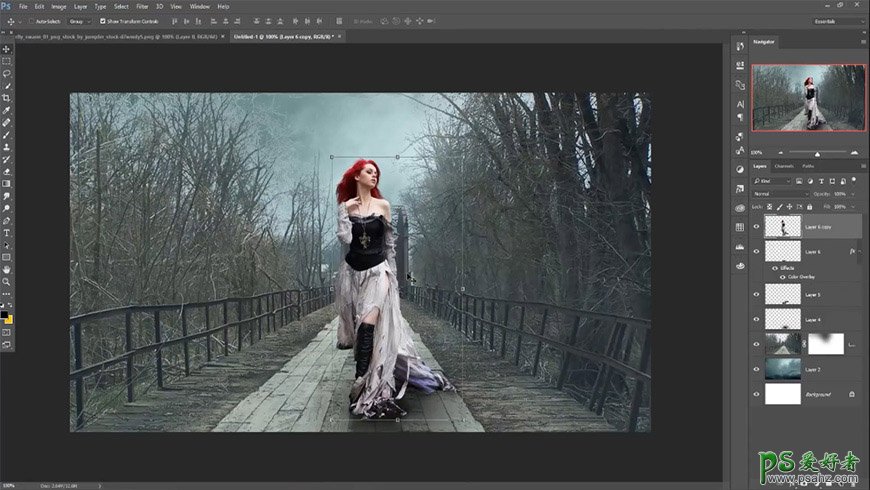photoshop合成魔幻森林中的红发美女艺术照，蝴蝶仙子美女场景。