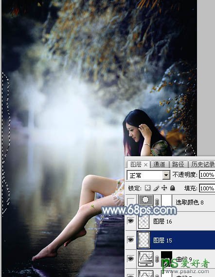 Photoshop给外景自拍的长腿美足少女生活照调出柔和的古典青蓝色