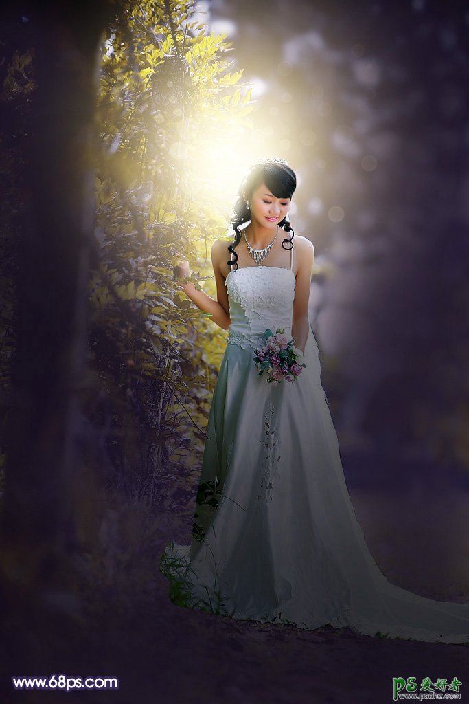 PS婚片调色教程实例：给外景拍摄的清新美女婚纱照调出唯美的逆光