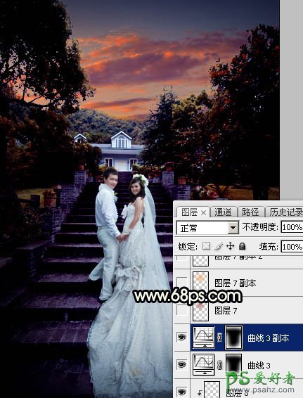 Photoshop给园林中拍摄的情侣婚纱照调出唯美梦幻温馨的霞光色彩