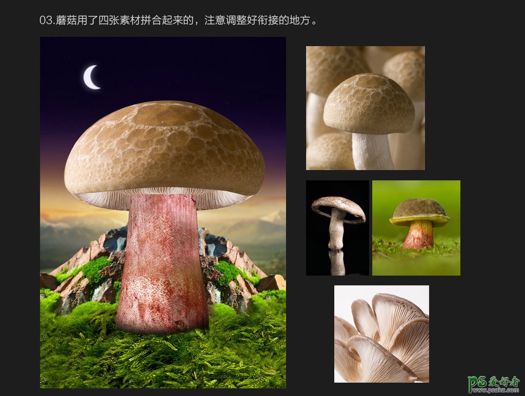 Photoshop创意合成小熊的蘑菇房子梦幻海报场景。