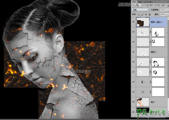 ps美女头像合成教程：创意合成碎裂打散效果的火焰美女头像
