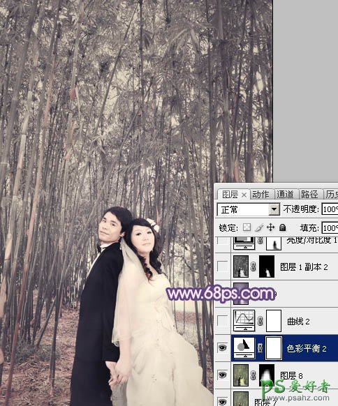 photoshop调出蓝紫色竹林里的情侣婚片