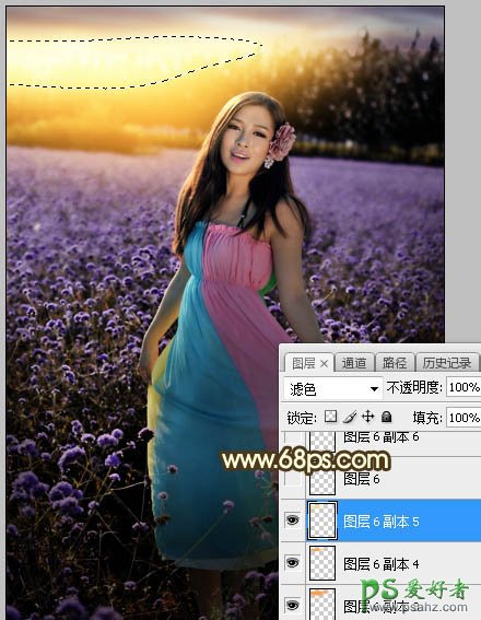 Photoshop给粉色长裙性感嫂子花圃中的写真照调出唯美意境霞光色