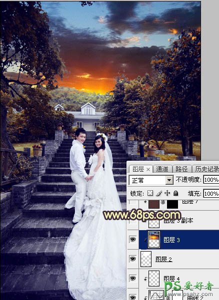 PS调色教程:给古建筑风景图片中拍摄的情侣婚纱照调出唯美的黄色