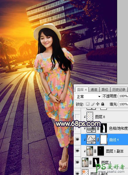 Photoshop给街景广场中的美腿女生照片调出暖色调黄昏日光效果