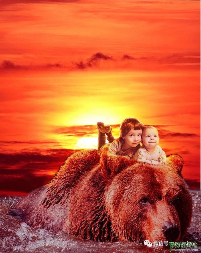 PS奇幻场景合成实例：合成一幅棕熊与小孩子在海上漂流的场景