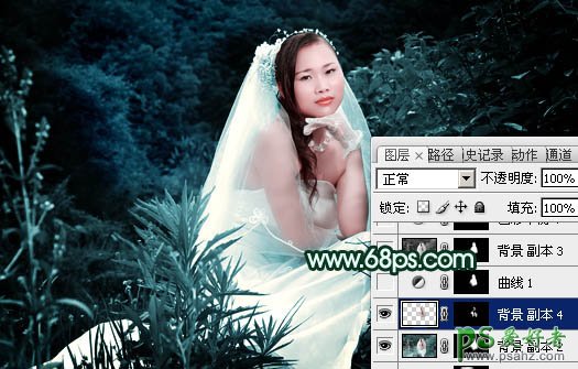 photoshop快速调出古典暗绿色美女婚片写真照