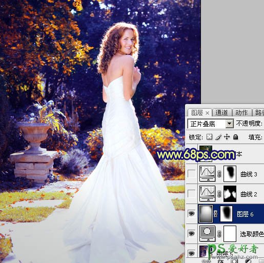 PS调色教程：给漂亮欧美少女婚纱照调出深蓝的秋季色