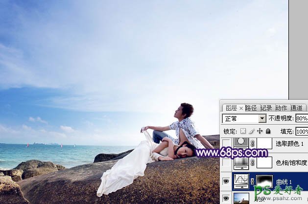 photoshop调制出经典蓝紫色海景情侣婚片教程