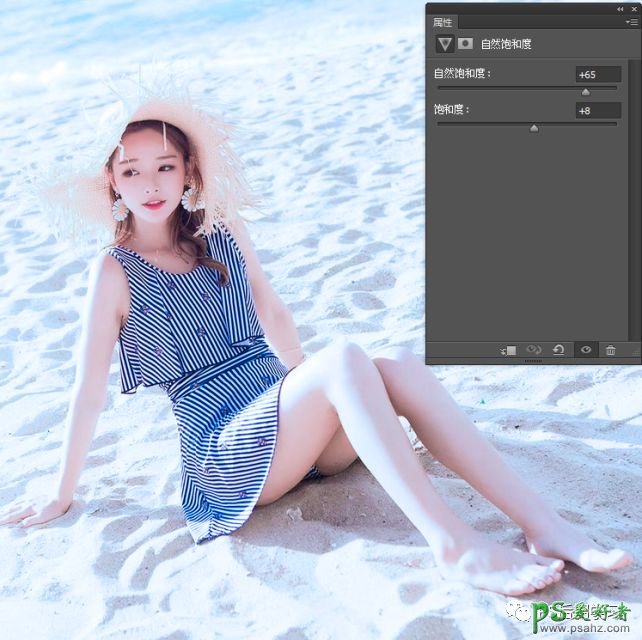 PS人像调色教程：给海边上自拍的美腿少女写真照调出清爽唯美色彩