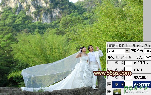 photoshop调出粉嫩的黄绿色情侣婚纱写真照