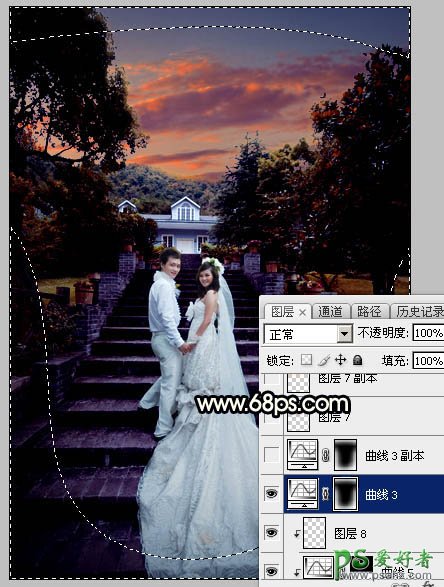 Photoshop给园林中拍摄的情侣婚纱照调出唯美梦幻温馨的霞光色彩