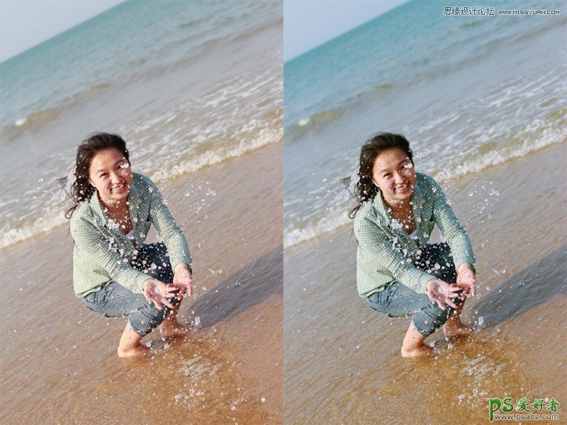 Photoshop给漂亮的美女海景照片后期调出大气的淡蓝暖色效果