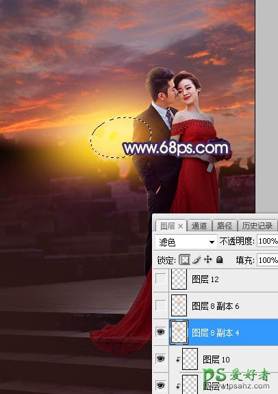 Photoshop给外景拍摄的红色长裙美女婚纱艺术照调出大气的红色霞