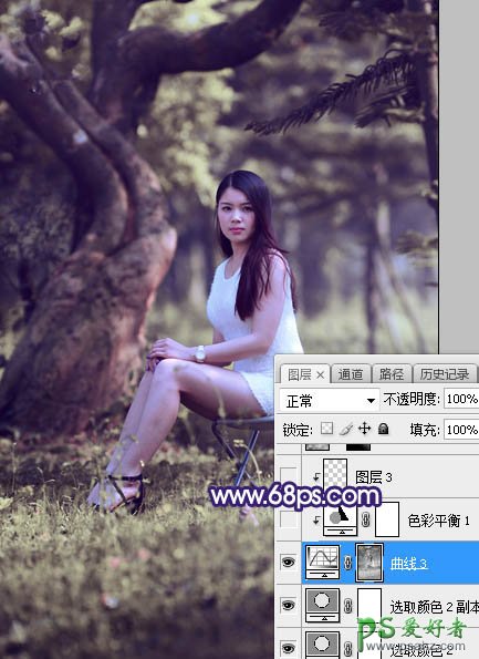 Photoshop给绿荫中自拍的可爱萌女艺术写真集调出甜美清新的色彩