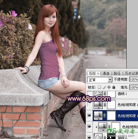 Photoshop给景区里性感的美女照片调出温暖的紫黄色-高对比晨曦色