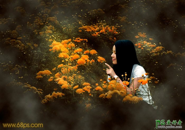 PS美女照片调色教程：给野花丛中的唯美少女调出高对比的暖色调