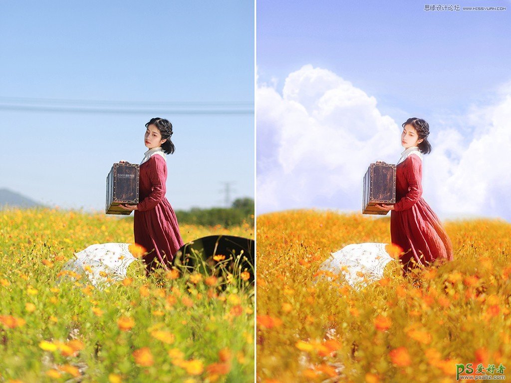 Photoshop给花海里拍摄的一组少女写真照调出唯美梦幻的色彩。