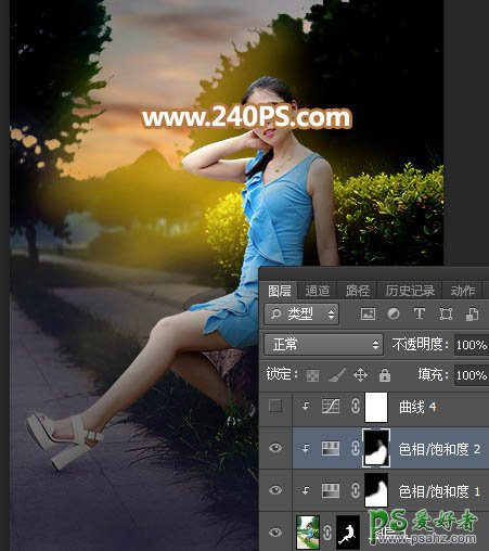 Photoshop给公园外景拍摄的性感高跟美女照片调出唯美的霞光色。