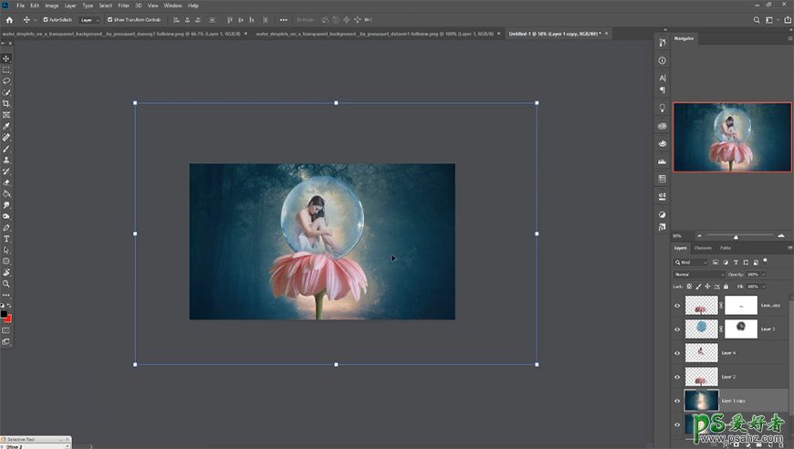 photoshop创意合成气泡中的少女奇幻场景，坐在荷花上的美丽女孩