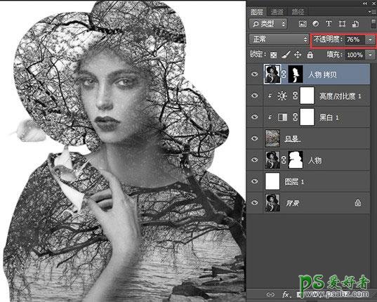 Photoshop给古典美女艺术照与树木合成出怀旧二次曝光作品。