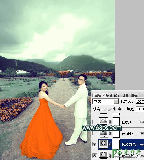 photoshop调出经典的青色效果情侣婚片艺术照