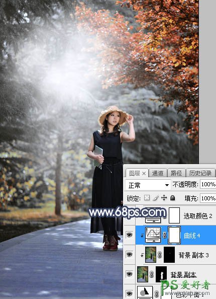 Photoshop给白领职业装妖媚美女公园写真照调出暗调秋季色彩