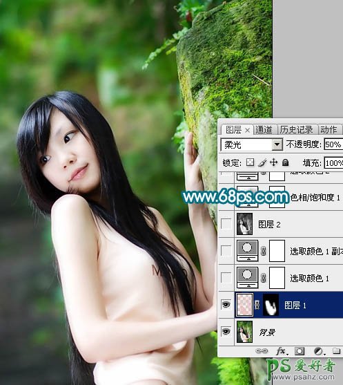 photoshop调出暗灰青色调美体少女写真照