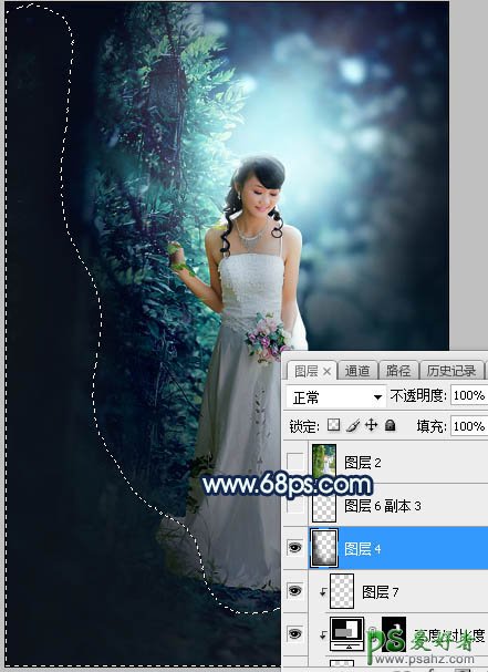 Photoshop婚片调色：给树林中私拍漂亮女女婚纱照调出唯美的青蓝