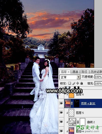 Photoshop给园林中拍摄的情侣婚纱照调出唯美梦幻温馨的霞光色彩