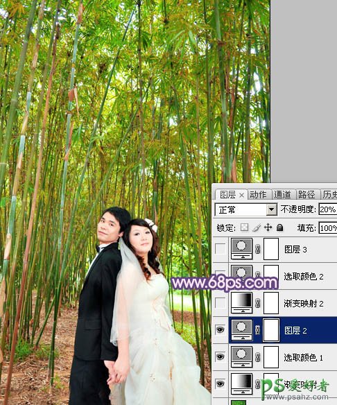 photoshop调出蓝紫色竹林里的情侣婚片