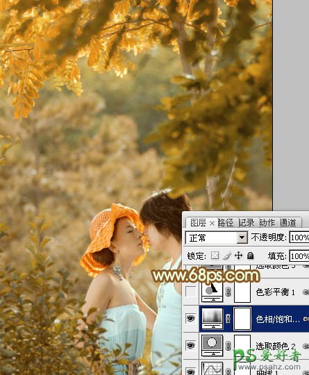 photoshop给情林里的情侣婚纱照调出甜蜜的粉黄色