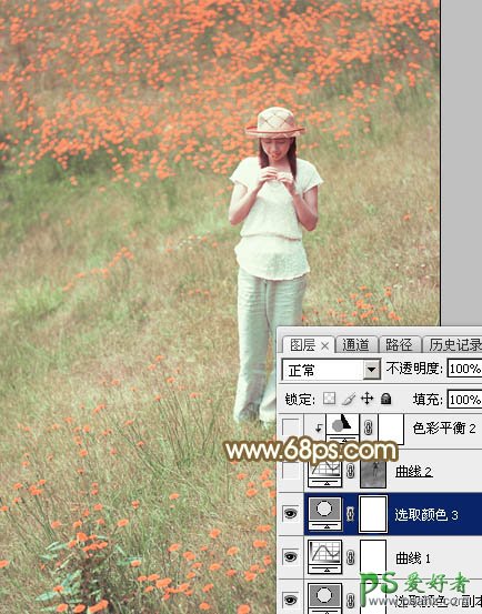 Photoshop给花草甸中的未成年少女写真照调出甜美的韩系粉红色