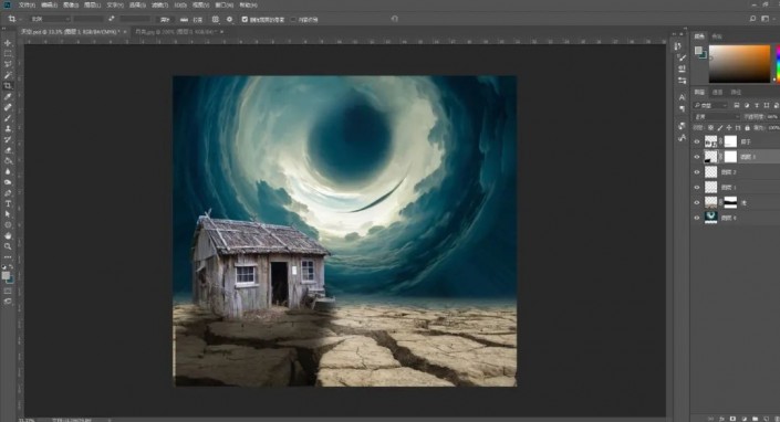 Photoshop合成科幻感十足的魔鬼小屋场景，科幻电影场景照片。