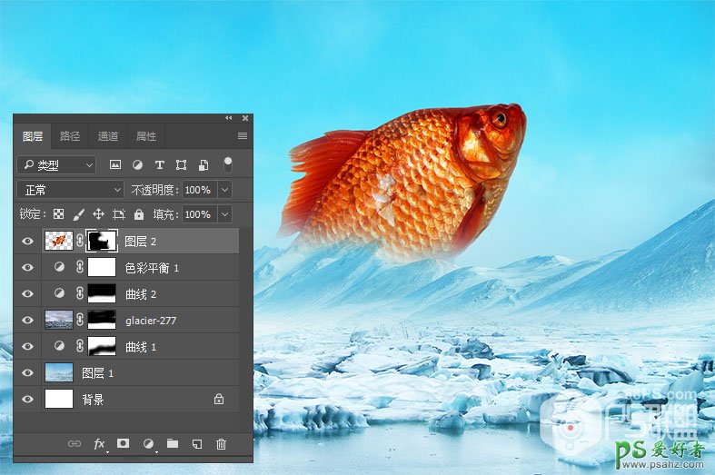 PS合成教程：创意打造从冰层中跃出的大鲫鱼特效图片，跳出冷冻鱼