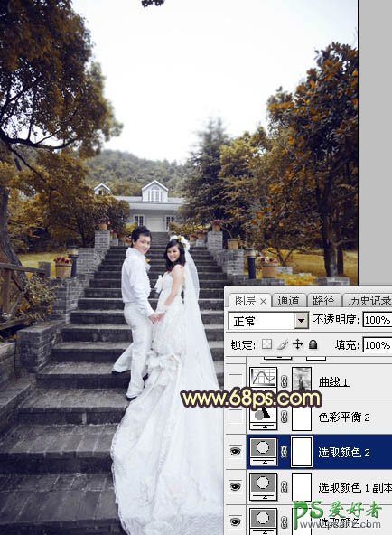 PS调色教程:给古建筑风景图片中拍摄的情侣婚纱照调出唯美的黄色